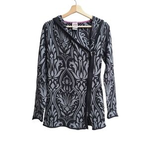 Avalanche Knit Sweater with Offset Zipper and Hood, Black And Grey, Size Small